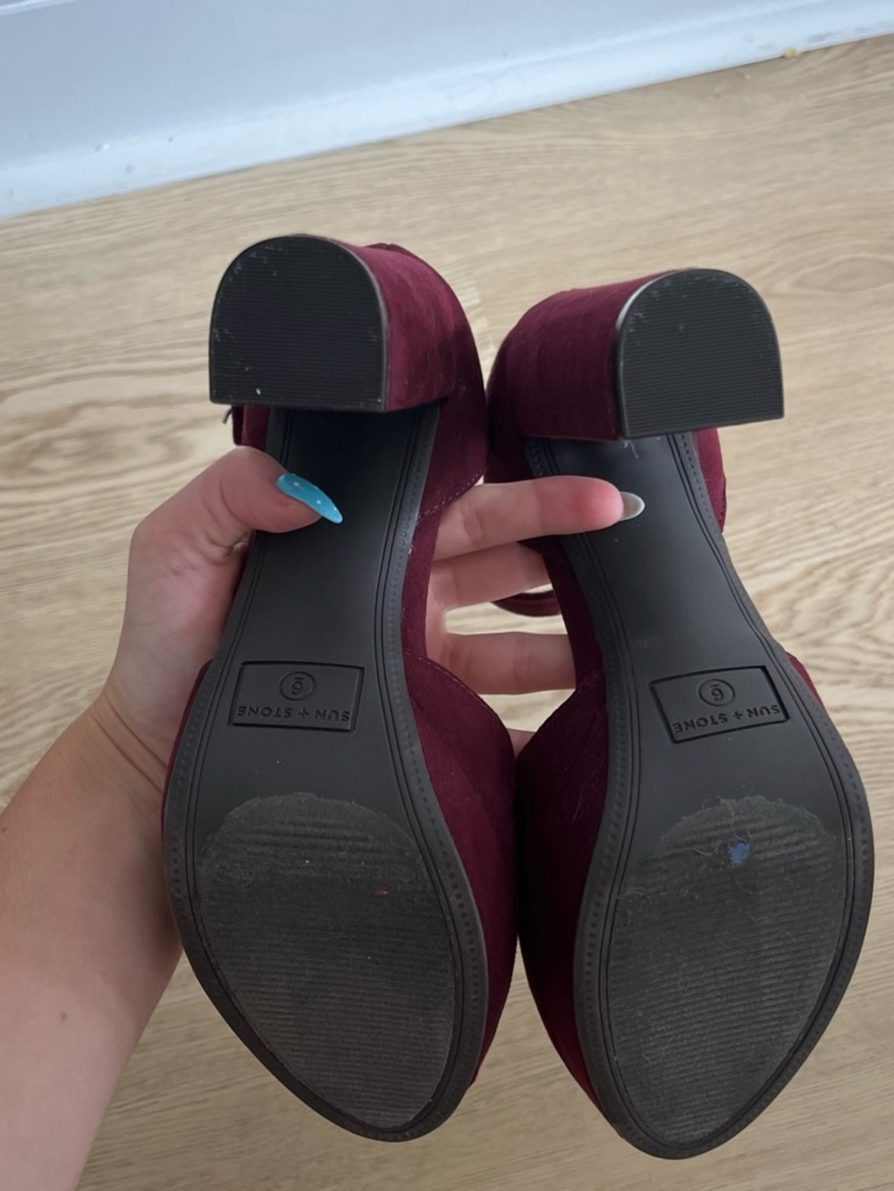 Sun + Stone Burgundy Ankle-Strap Block Heels - Picture 3 of 4
